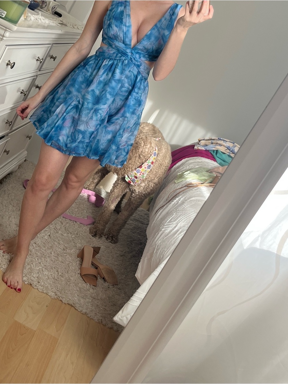 Blue Tie-Dye V-Neck Mini Dress